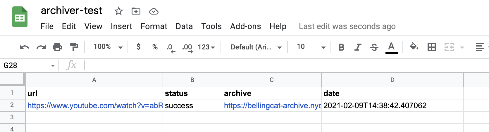 A screenshot of a Google Spreadsheet with the same Youtube URL in column A, and additional archival information in B, C, and D