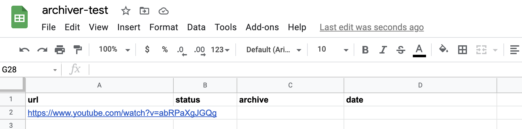 A screenshot of a Google Spreadsheet with a single Youtube URL in column A
